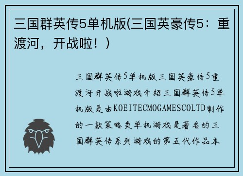 三国群英传5单机版(三国英豪传5：重渡河，开战啦！)