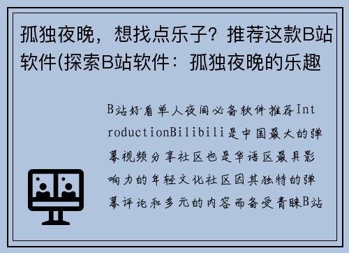 孤独夜晚，想找点乐子？推荐这款B站软件(探索B站软件：孤独夜晚的乐趣续篇)